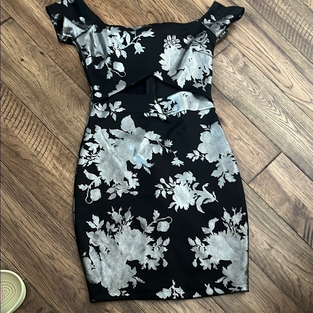 Privy Black and White Off-the-Shoulder Flutter Sleeve Mini Dress